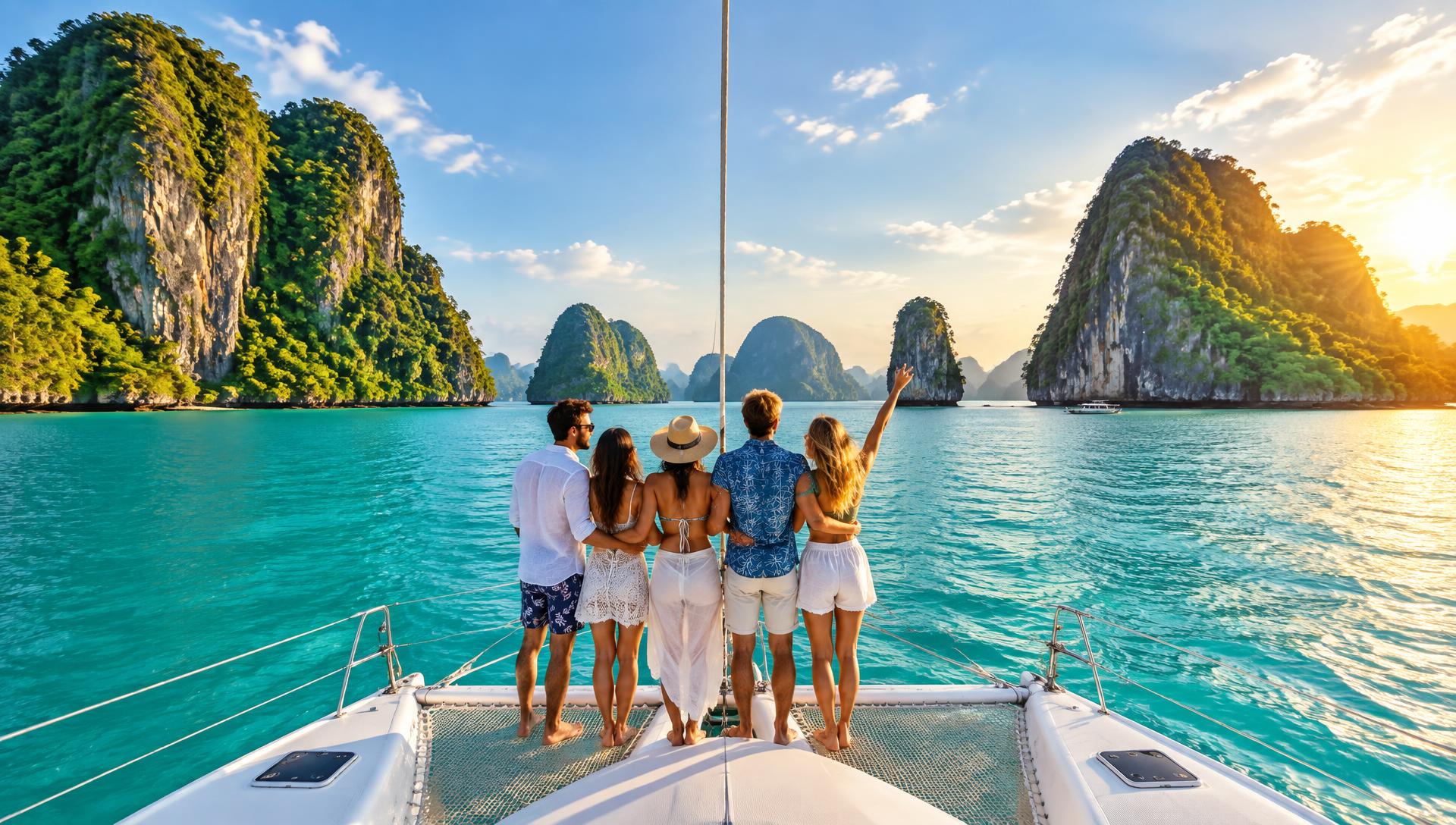 Catamaran sailing over turquoise Caribbean water